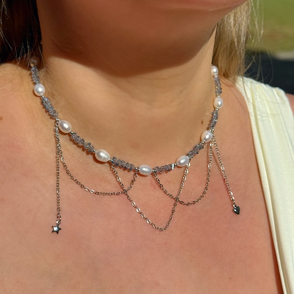 Trendy Pearl & Blue Crystal Necklace with Silver Chains and Cute Charms